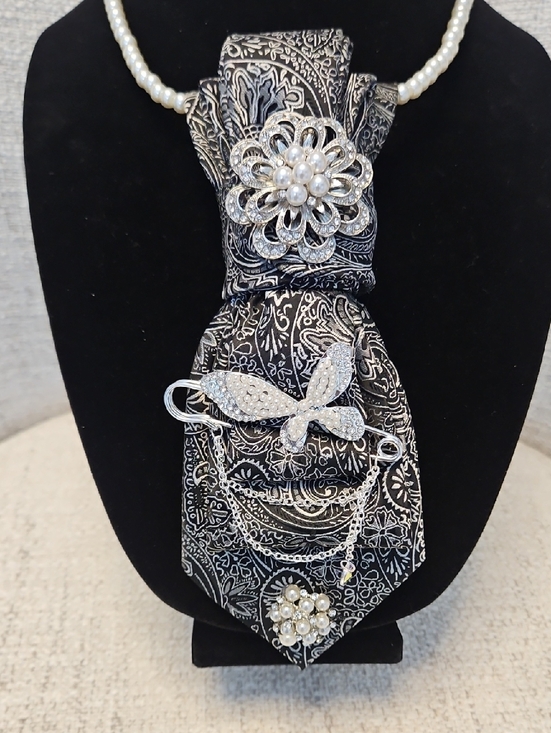Jewelry - Black & Silver Necktie Necklace w/ Rhinestones & Pearl Accents & a Butterfly Pin